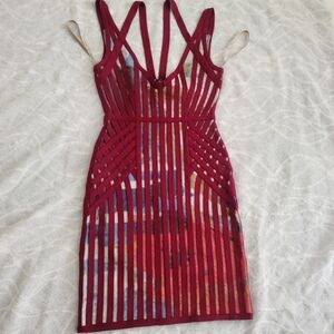 Herve Leger Burgundy Strappy Multi-Color Inset Mini Dress